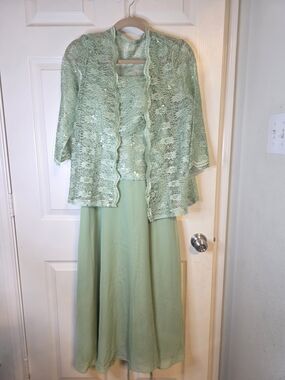 Light Mint Green Women's Maxi Dress with Lace Overlay Jacket